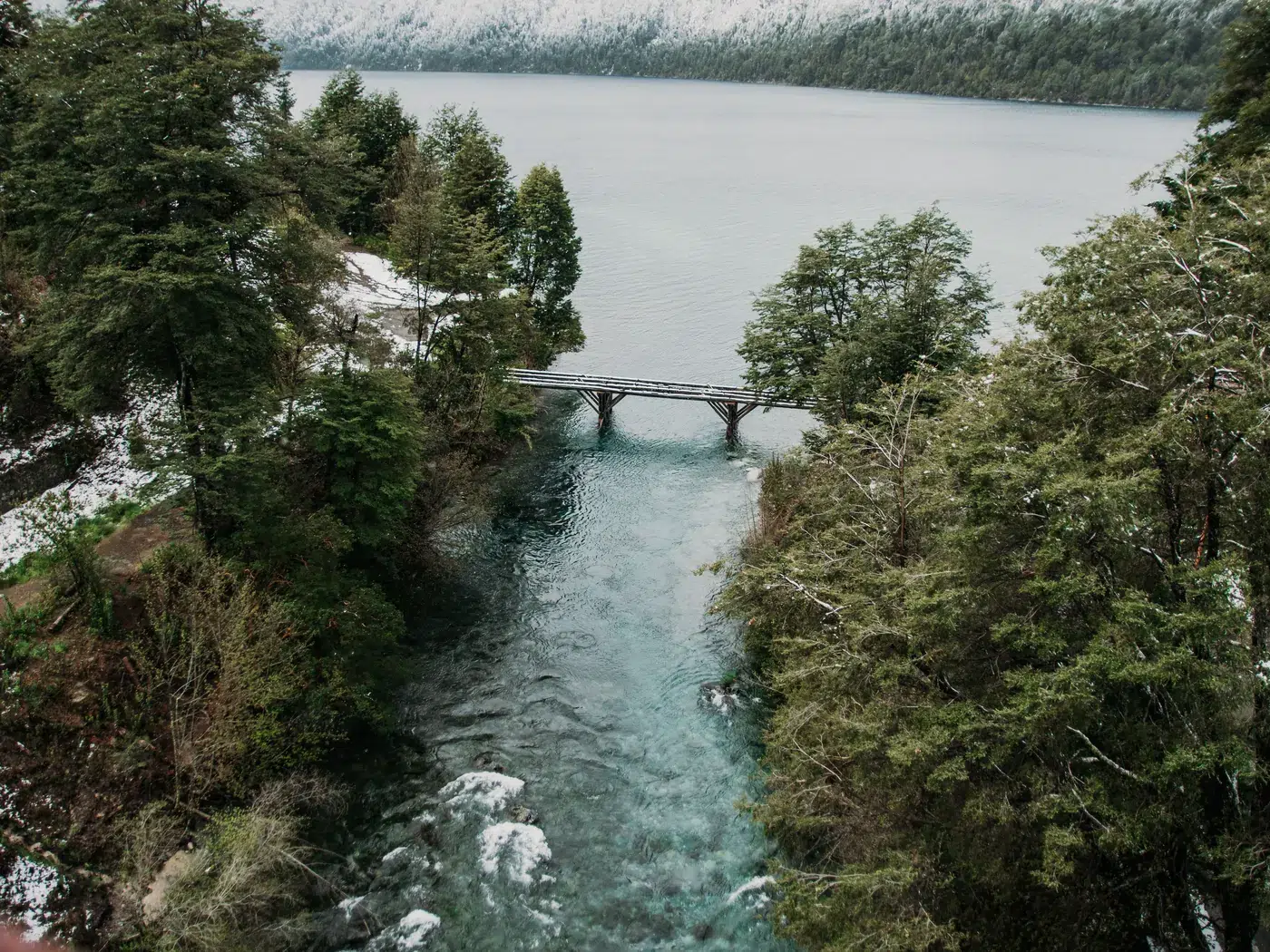 El río Correntoso entre bosque con nieve, uniéndose al lago.
